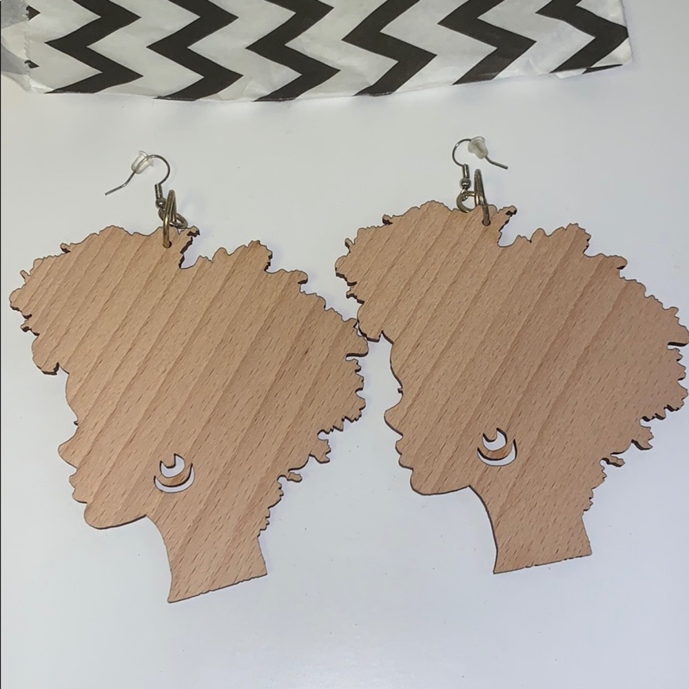 Large Wood Natural Hair Woman Profile Earrings